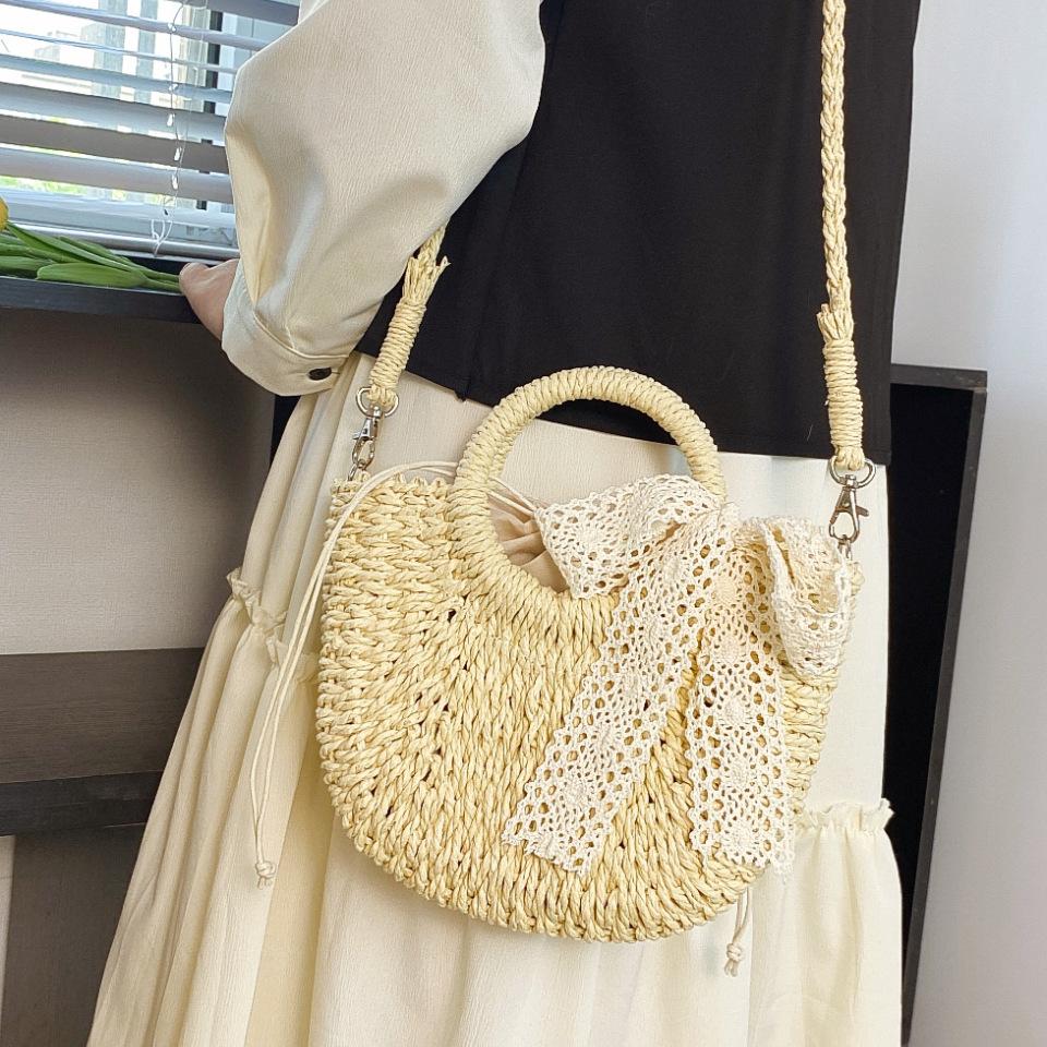 Women Straw Woven Bag Fashion Shoulder Bag Large Capacity Handwoven Tote Bag Drawstring Chic Hobo Bag Summer Beach Bag KTB