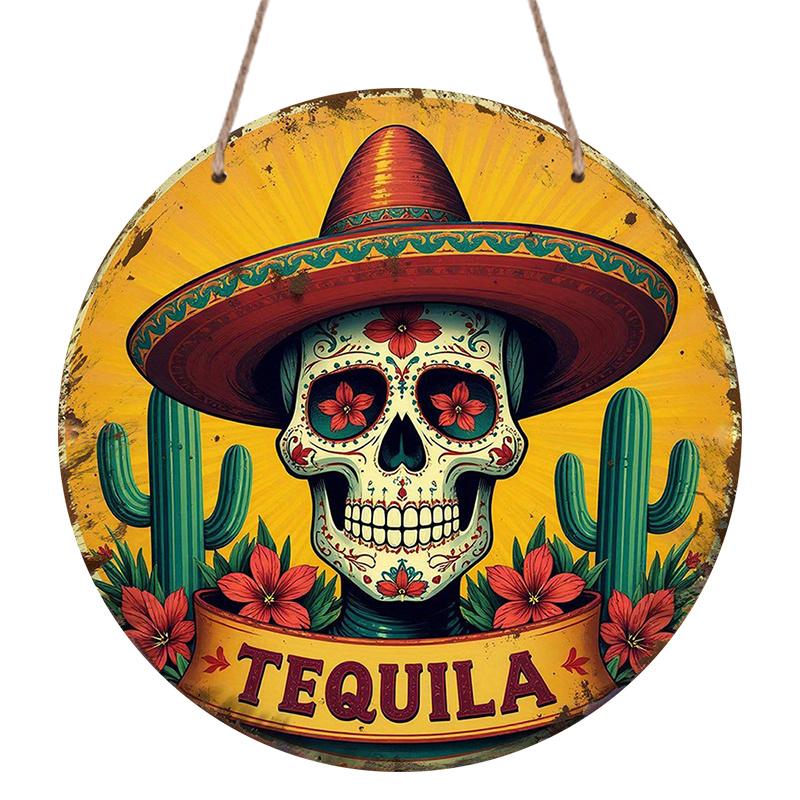 2D Flach, 1 Stück Retro Mexikanisches Bar Schild - Tequila-Thema Runde Aluminium Wandkunst mit Sombrero, Kakteen und Blumenmustern - Perfekt für Zuhause