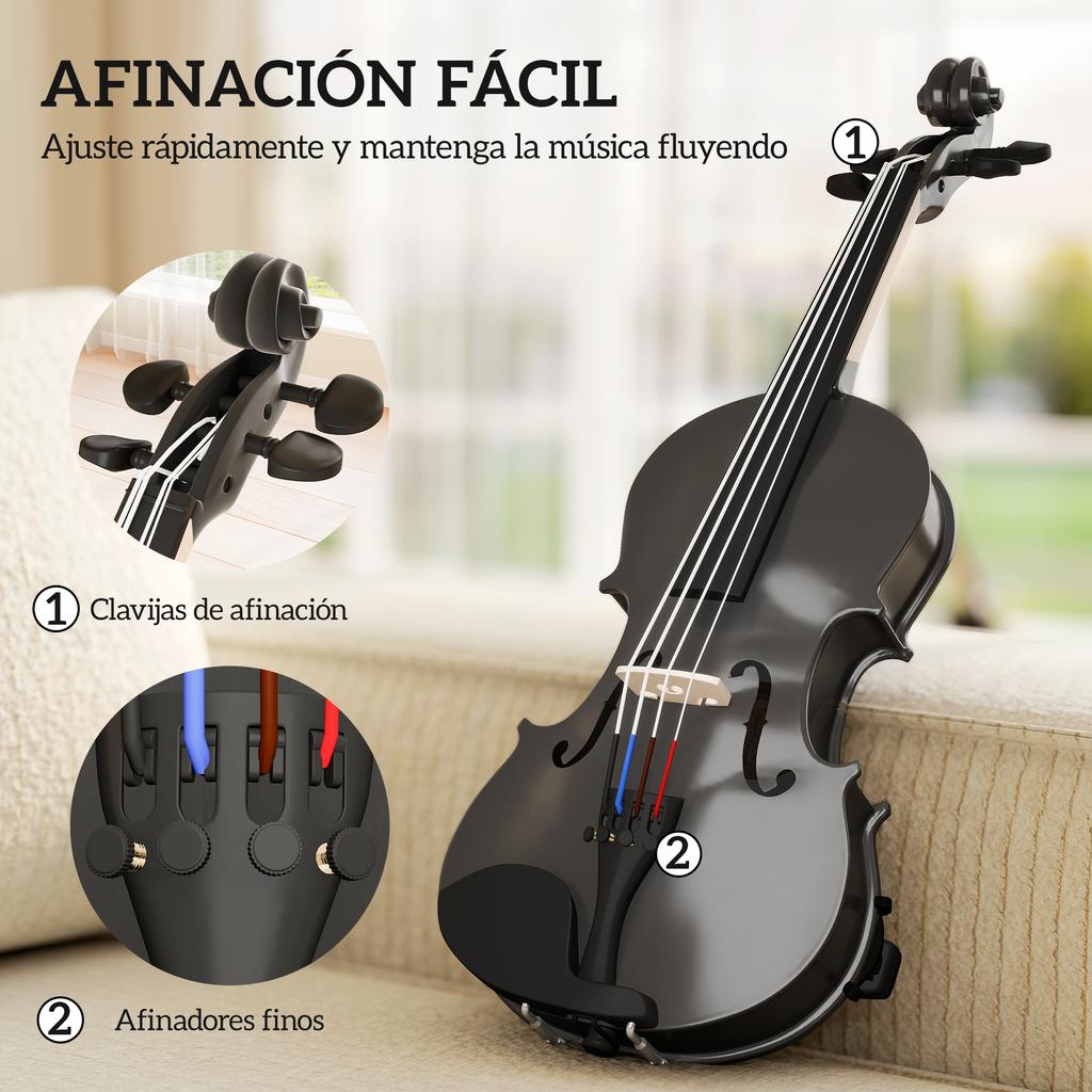 Wooden Violin, Full Size 4/4, Case, Bow, Rosin, Tuners, Strings, Shoulder Rest, Black