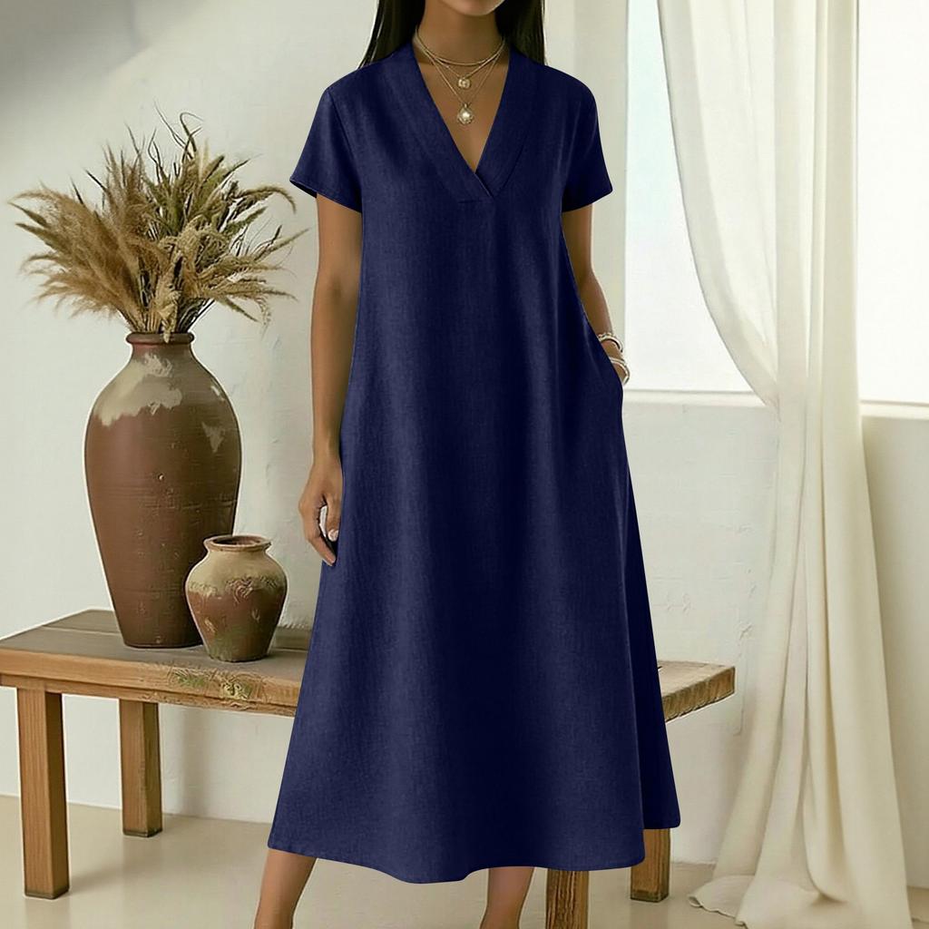 Women's V-neck Short-sleeved Mid-length Loose-fitting Dress With Large Pockets And Casual