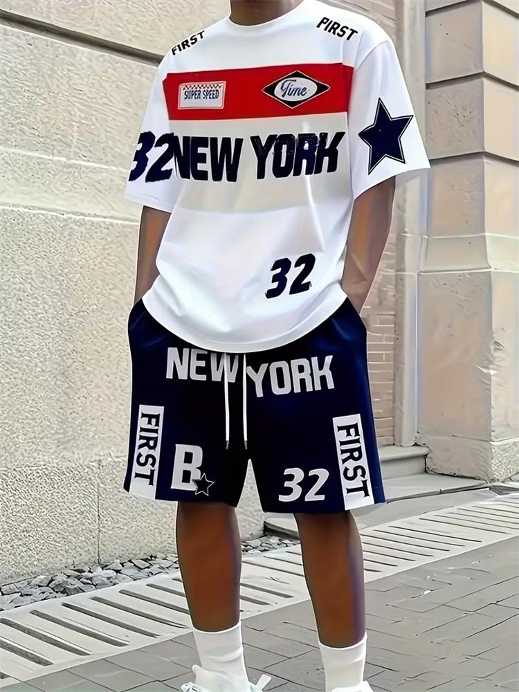 Cool and Stylish Printed Men s Casual Short-sleeve Set, New Men s Crew Neck Short-sleeve Top and Shorts 100