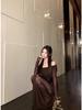 Women's Off-Shoulder Mesh Patchwork Pleated Dress - Slim Fit Waist-Cinching Long Skirt, Sexy Spring Style 