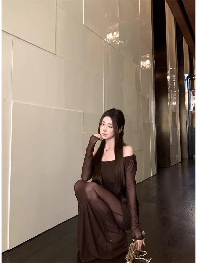 Women's Off-Shoulder Mesh Patchwork Pleated Dress - Slim Fit Waist-Cinching Long Skirt, Sexy Spring Style