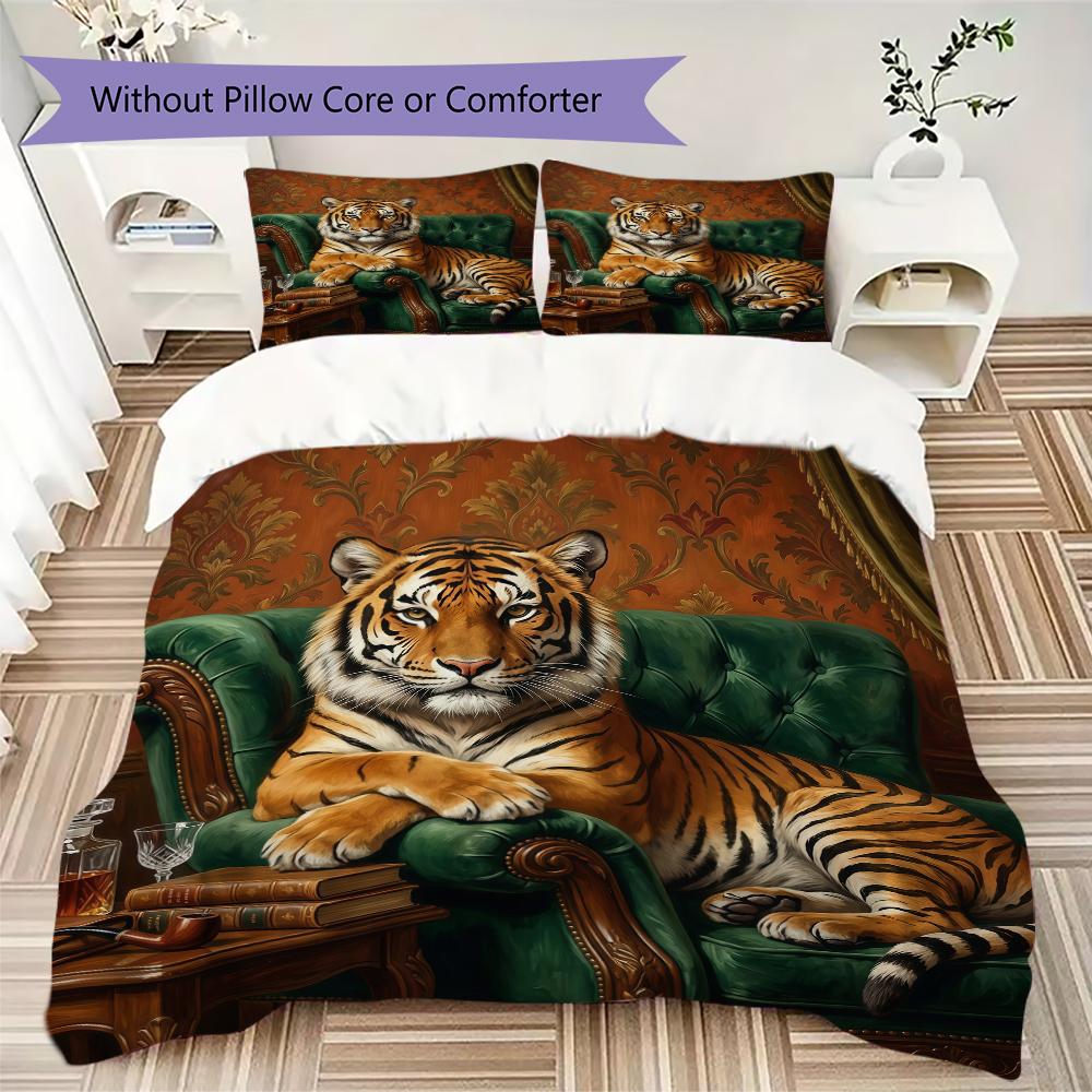 Sweet Tiger Pairs Pattern Bedding Uilt Set Uilt Cover Pillowcase Home Decoration Birthday Gift (1 * Duvet Cover + 2 * Pillowcase Without Core)