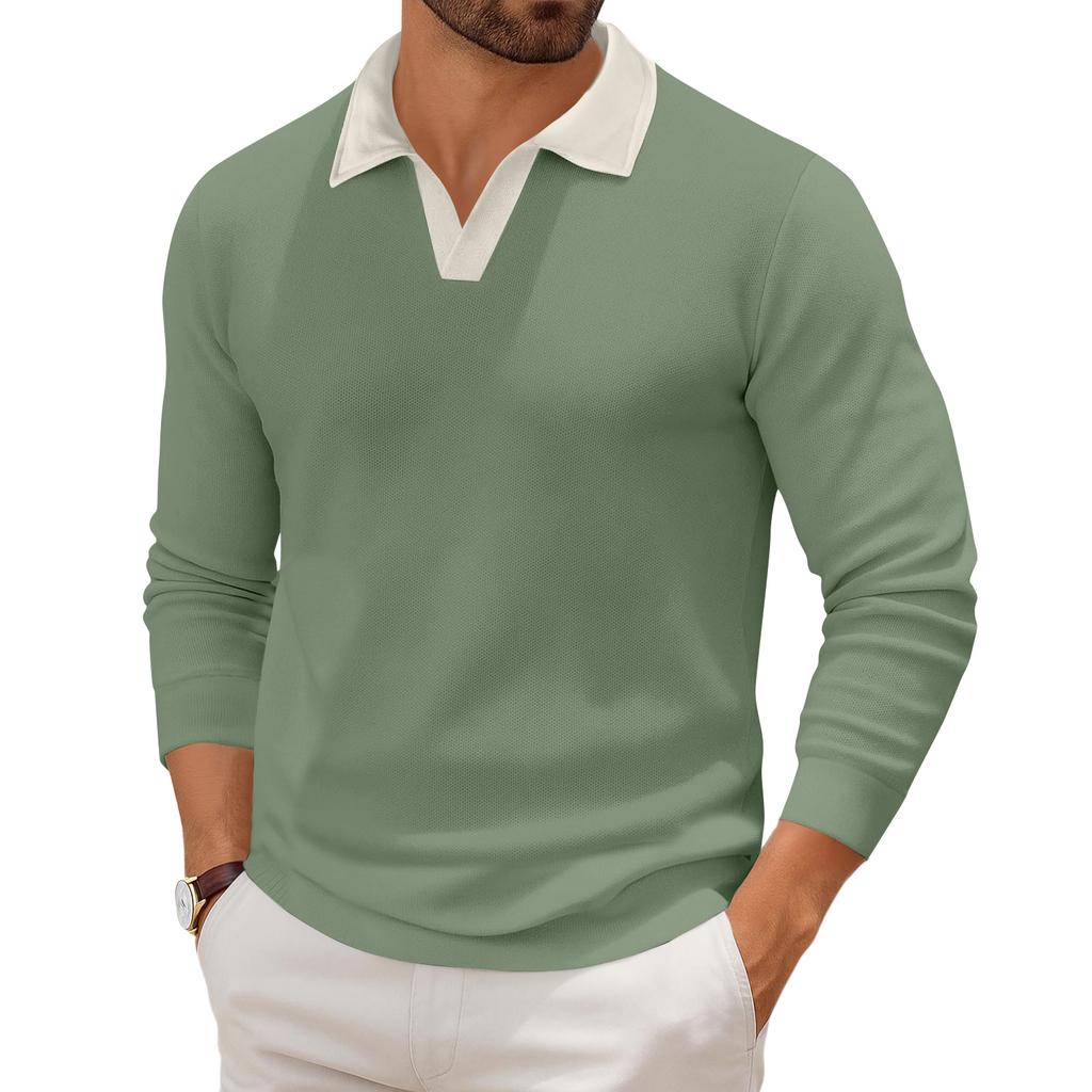 Men's Casual Color-Block Collared Long-Sleeve Knit Base Layer Top