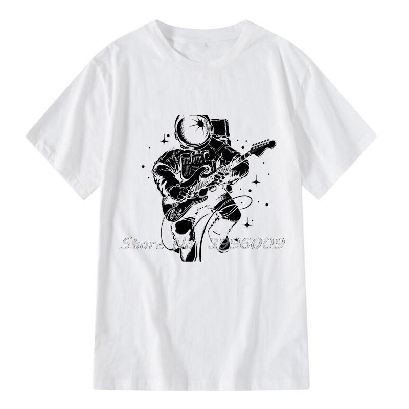 Men's Casual High Quality Cotton Short Sleeve T-Shirt Funny Astronaut Plays Guitar Print menTshirt O-neck T-shirt Men