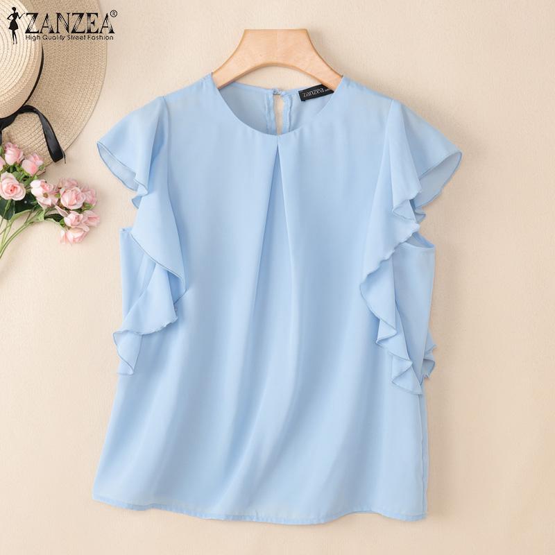 ZANZEA Women Casual Round Neck Ruffles Short Sleeve Loose Blouse