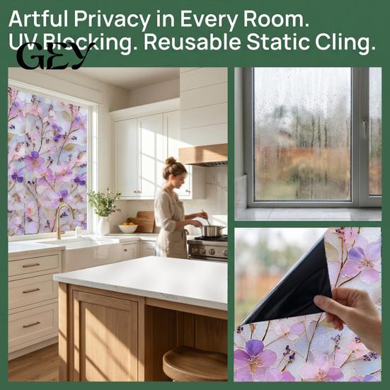 Thermal Insulation Window Decal Stained Glass Privacy Film, Flower Wall Decals, UV Blocking Tearable Sunlight Protection Film Floral Stickers