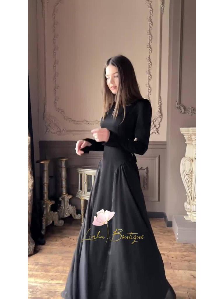 Elegant European & American Black Spring Long-Sleeve Dress, Round Neck, 2025 Style.