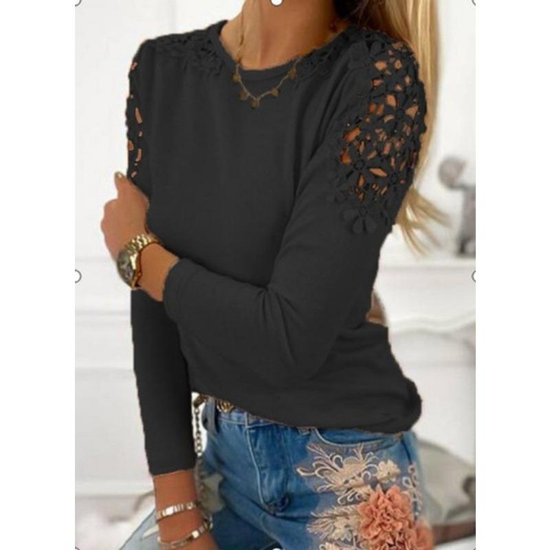 New Southeast Asian Solid Color Slim Fit Lace Hollow Long Sleeved T-shirt In Stock