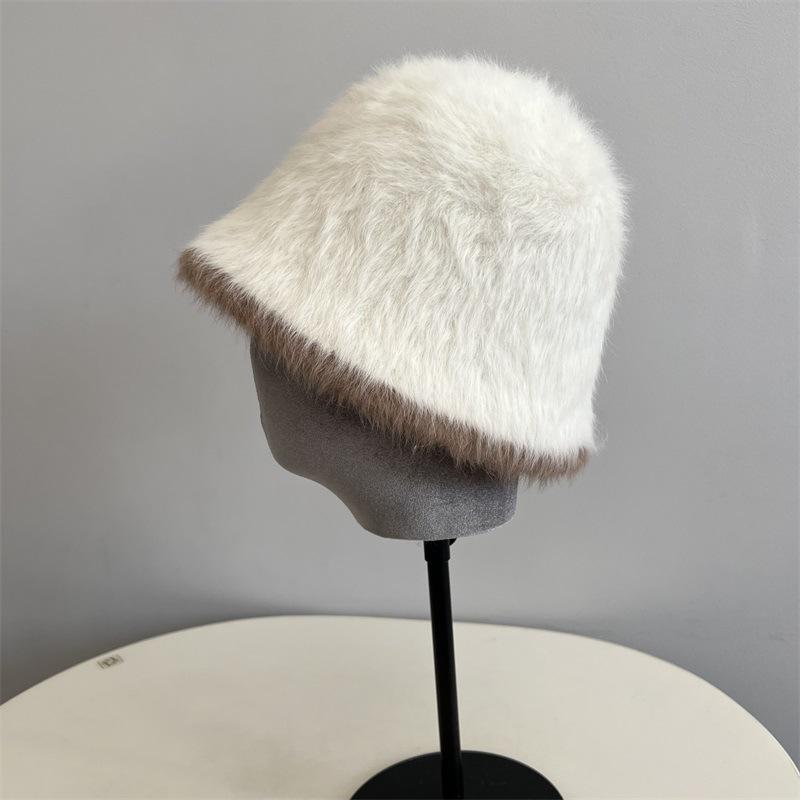 

Новая милая панама из кроличьего меха с контрастной окантовкой, женская, осенне-зимняя, в студенческом стиле, маленькая, свежая, теплая, рыбацкая M（56-58cm）