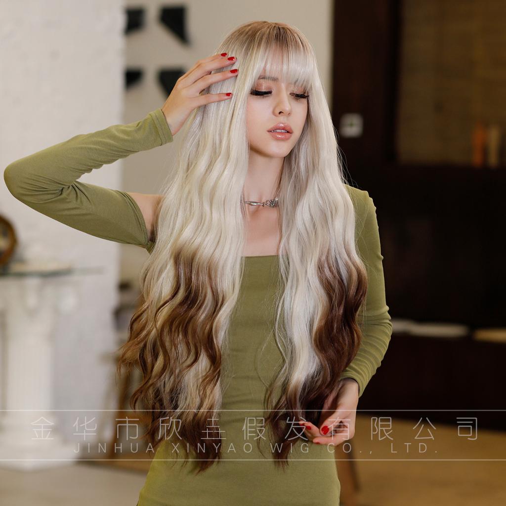 Attention To Ordering European American Wigs Women's Long Curly Hair With Big Waves Silver White Tail Dyed Brown Ombre Blonde