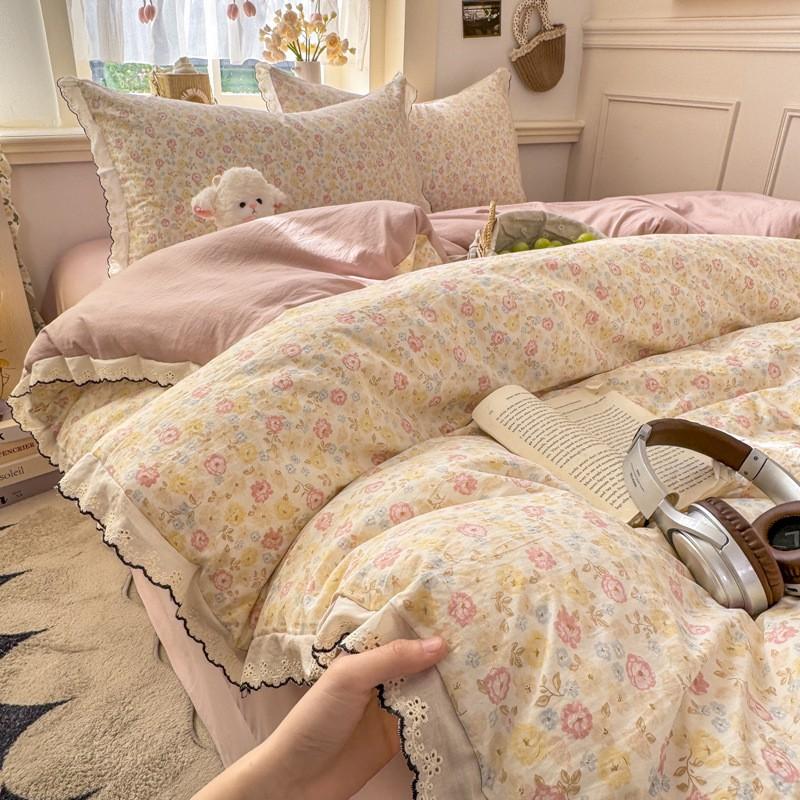 2026 Faux Cotton Washed Lace Bedding Set Floral Duvet Cover