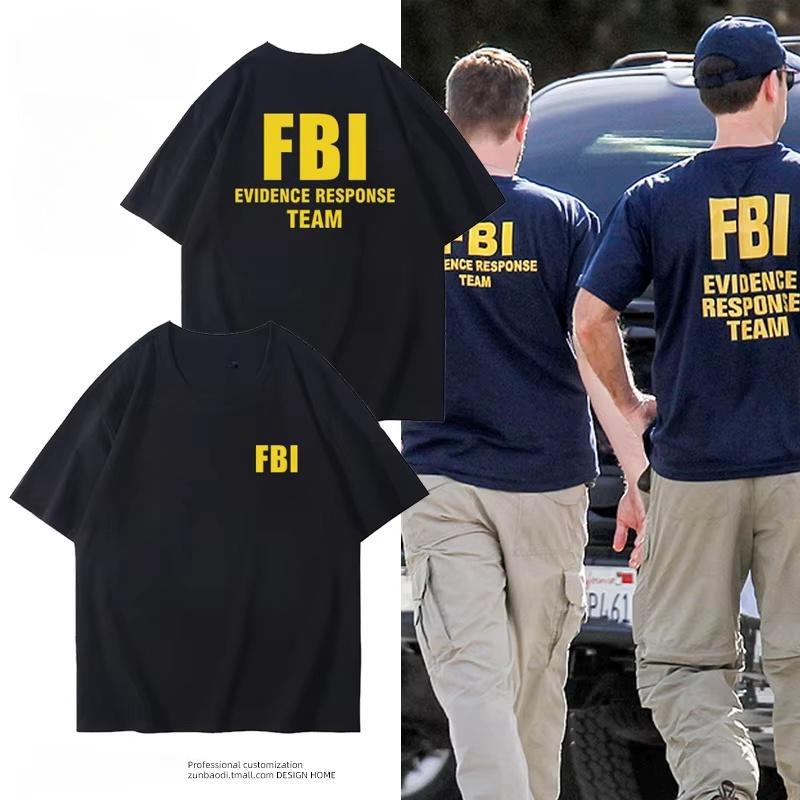 25 Plus Size Cotton Fbi Letter Printed T-shirt Military Style Cotton Jacket Short Sleeved Half Sleeved Casual Round Neck T-shirt