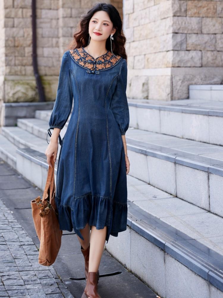 Johnature Rochie în stil chinezesc, broderie la modă pentru femei, de culoare solidă, rochii neregulate din denim coadă de pește