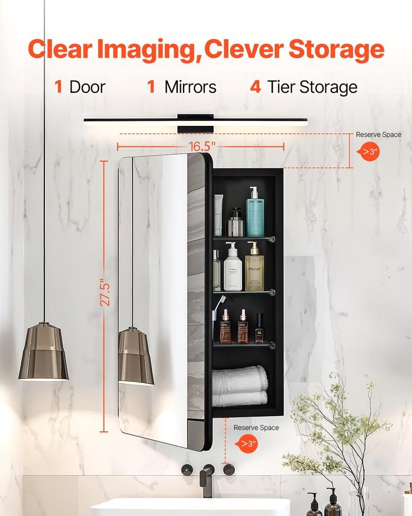 Medicine Cabinet 16.5" x 27.5" Mirror Medicine Cabinet Adjustable Shelves