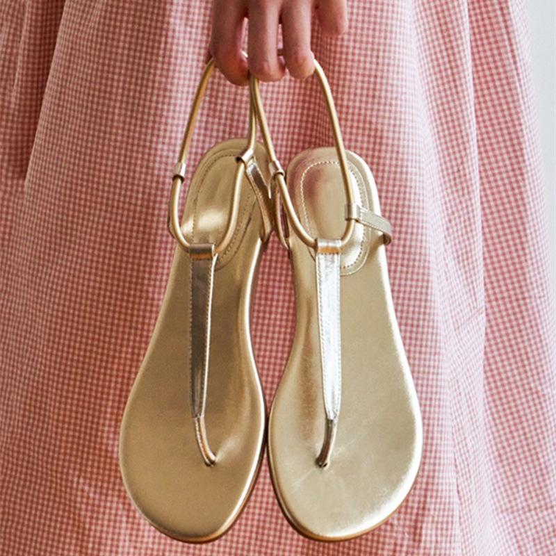 Schaflederversion~ Echte Leder goldene Römersandalen Damen Sommerbekleidung Einwort mit flachem Boden rutschfeste Zehensteg-Flip-Flops Schuhe