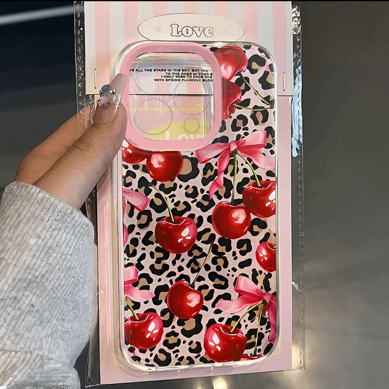Korean Leopard Print Cherry Is Suitable for Apple 16promax Mobile Phone Case 13 14 New Niche 15pro Fine Hole 11