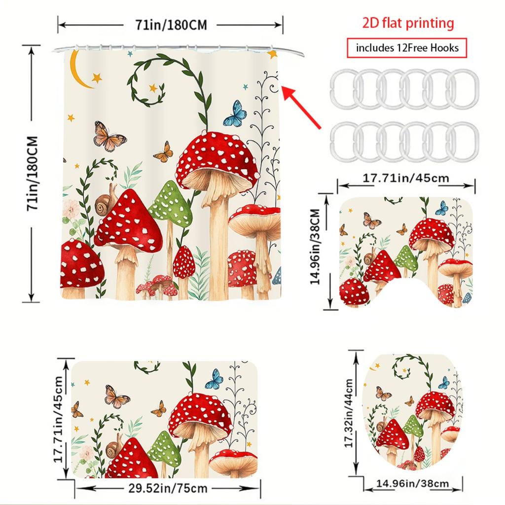 4pcs  -Friendly -Tale Mushroom Bathroom Set with Non-Slip Shower Curtain, Rug  Toilet Cover - Red White Green Forest Theme