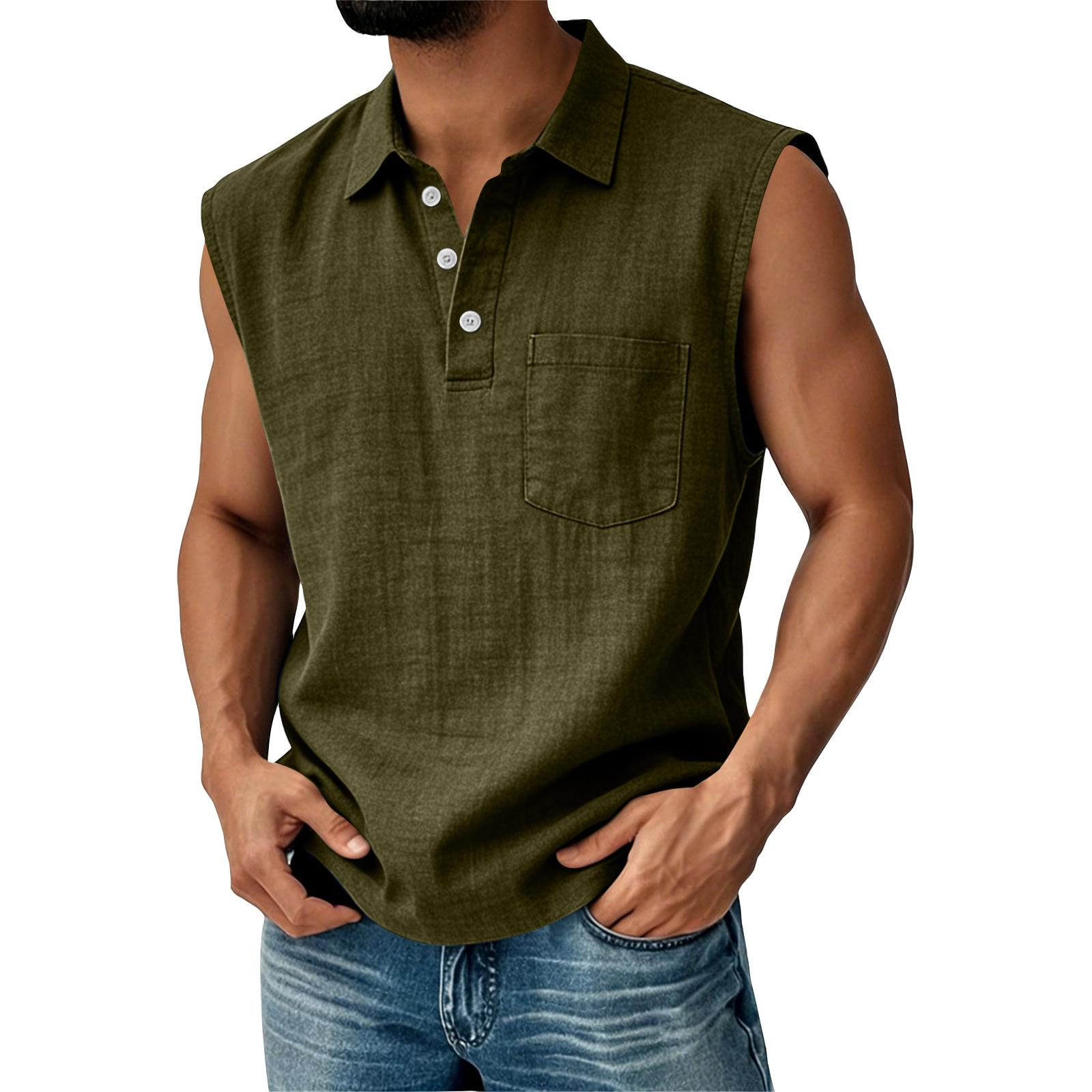 Мужской безрукавный жилет из хлопка и льна Мужской повседневный модный спортивный безрукавный жилет L армия зеленый