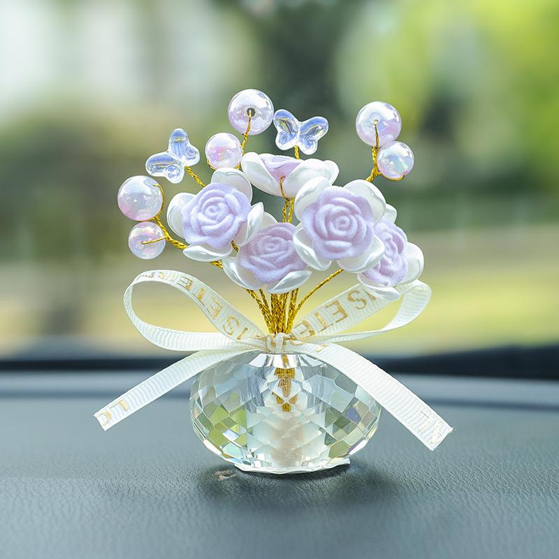 Exquisite Crystal Rose Bouquet Crystal Craft Decorative Mini Crystal Flower Figurine Creative Fashion Car Handmade Rose Ornament