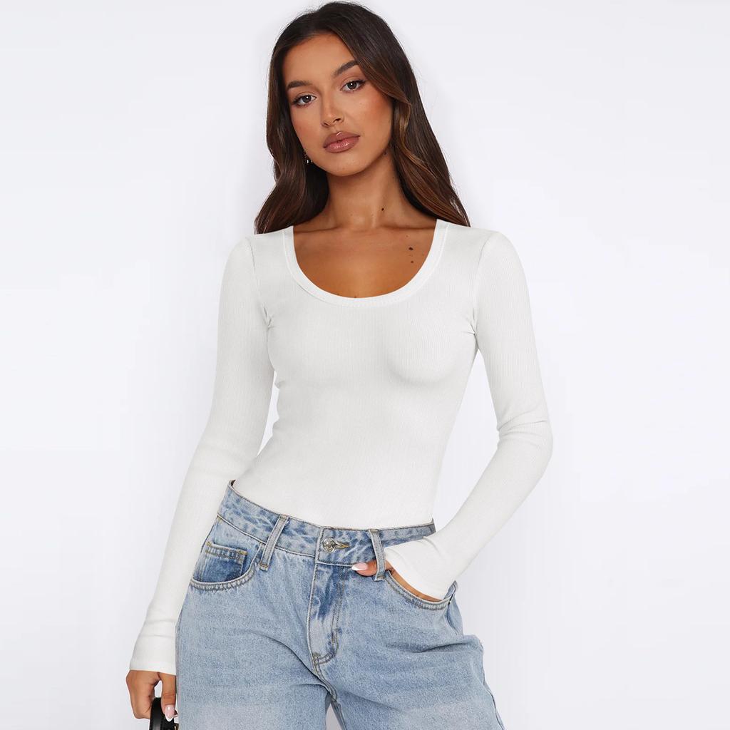 Solid Color Threaded U Neck Bottom Shirt Y2K Clothes Women's Long Sleeves Slim Shirt Women Positive Shoulder Tops