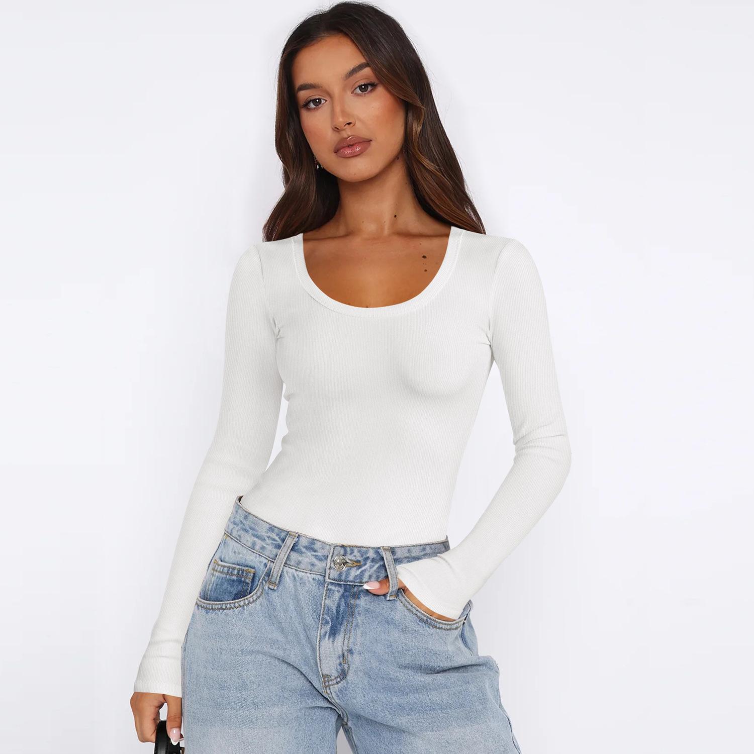 

Однотонная рубашка с U-образным вырезом и нитками Y2K Одежда женская узкая рубашка с длинными рукавами для женщин Топы с открытыми плечами XL белый