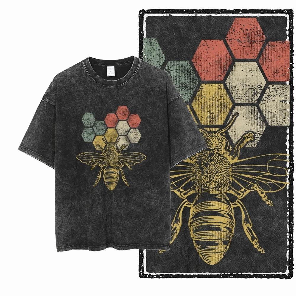 

Vintage Washed Bee Honeycomb Oversized TShirt Retro Insect Print Distressed Cotton Tee Yk Top Graphic T Shirts Goth T Shirt S