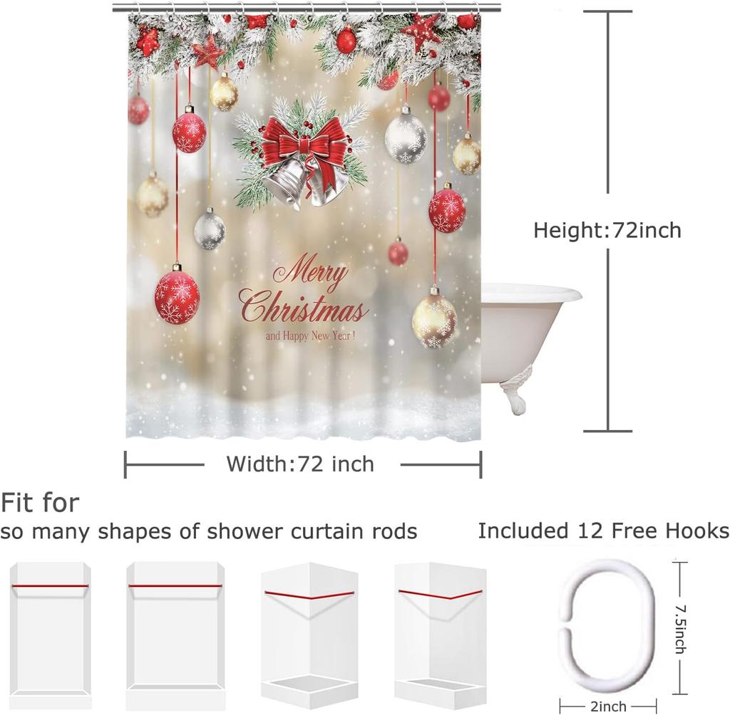 Rosielily Christmas Shower Curtains For Bathroom Xmas Shower Curtains Red Christmas Fabric Xmas Bathroom Set With Hooks Red Silv