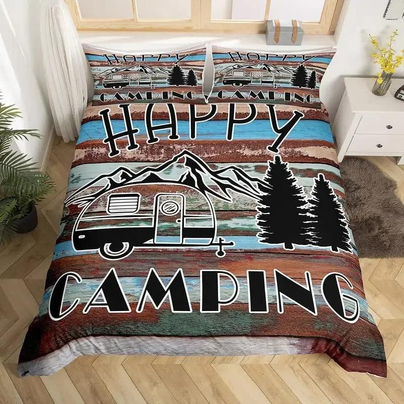 Happy Camping Bedding Set Camper Car Duvet Cover King Queen Microfiber Smoky Mountain Wood Print Quilt Cover Set For Girls Boys