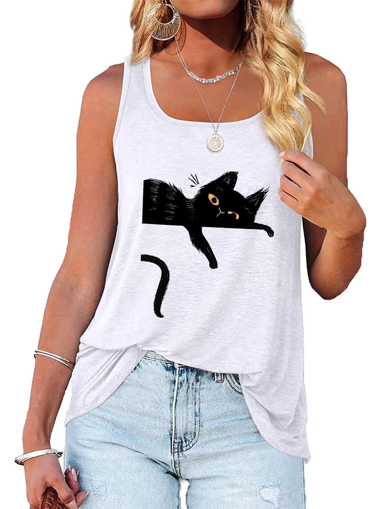 Women Fashion Cat Printed Tank Top Summer Casual Round Collar Sleeveless Shirt