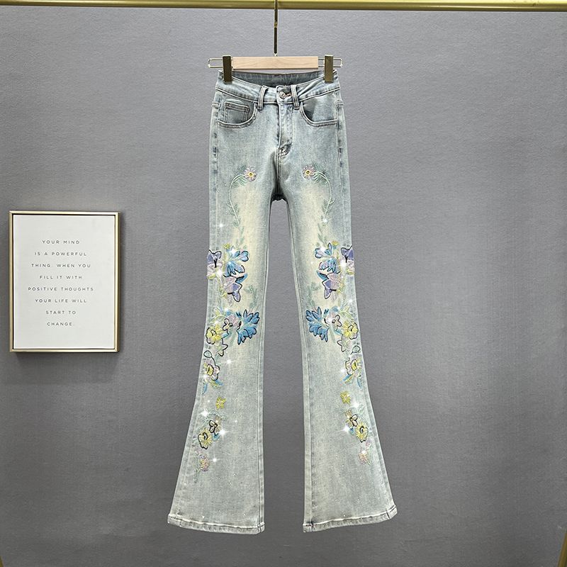 

Летние эластичные брюки с высокой посадкой, облегающие, удлиняющие, с вышивкой Denim Blue M