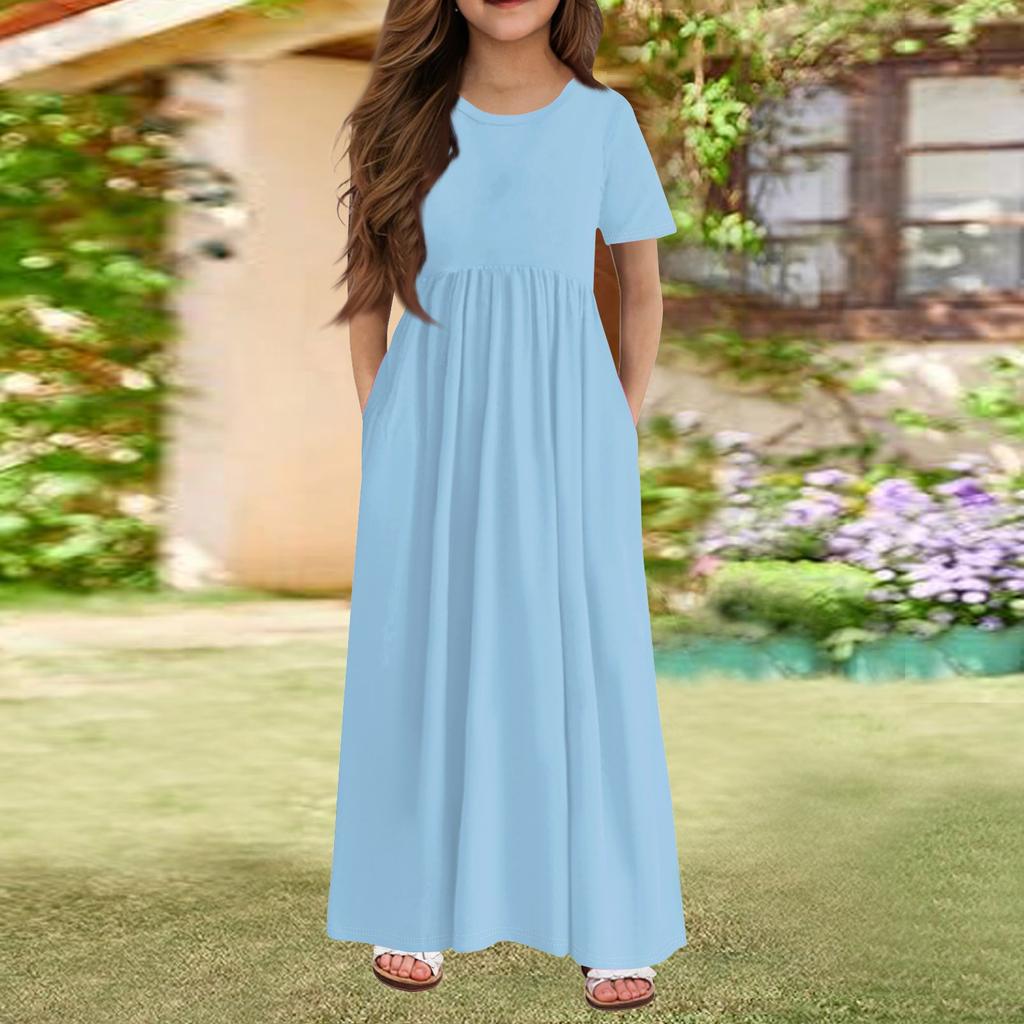 Girls' Long Summer Dress - Short Sleeve Pocket Maxi Dress For 4-14Y