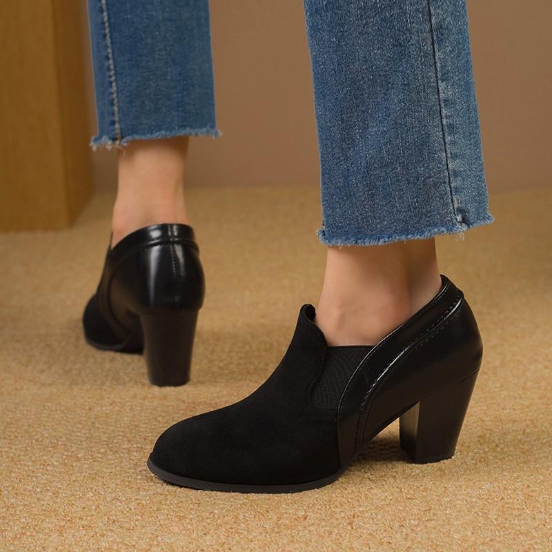 Scarpe Singole con Tacco a Blocco da Donna Autunno Nuove Punta Tonda Bocca Profonda Spliced Camoscio Slip-On Scarpe Basse