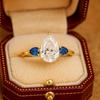 Pear Moissanite Engagement Ring in Yellow Gold Plated – Three Stone Prong Setting Bridal Ring, Pear Cut Anniversary Ring, Promise Gift for Her