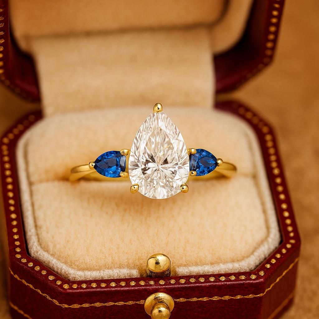Pear Moissanite Engagement Ring in Yellow Gold Plated – Three Stone Prong Setting Bridal Ring, Pear Cut Anniversary Ring, Promise Gift for Her