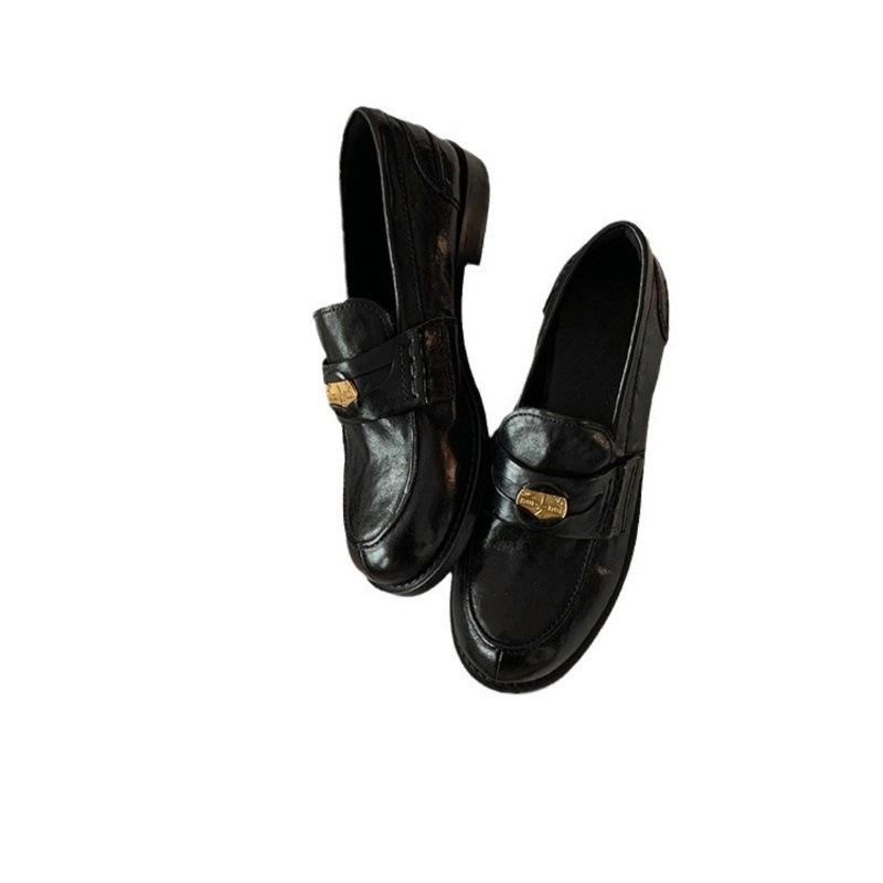 Sheepskin version~ British style small gold coins round head single shoes lazy one pedal small leather shoes women's retro suede loafers