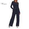 Long Sleeve Top Women Pants Set for Spring Fall, Slim Fit Crewneck Sweatshirt, Two Piece Sets Elastic Waist Loose Wide Leg Pants, Solid Color