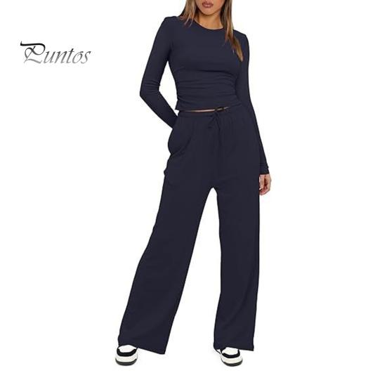 Long Sleeve Top Women Pants Set for Spring Fall, Slim Fit Crewneck Sweatshirt, Two Piece Sets Elastic Waist Loose Wide Leg Pants, Solid Color