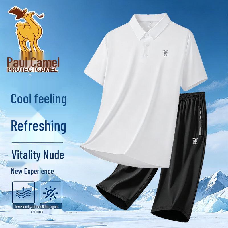 Men s Ice Silk Polo Shirt & Capri Shorts Set XL