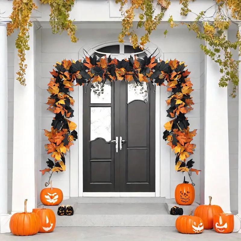 Halloween Wreath with Gothic Maple Leaves & Pumpkin Vines with Spider Accent for Spooky Fall & Fireplace Decor Halloween Garland