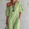 Damen Gestreiftes Off-Shoulder Maxikleid Kurzarm Lässig Party Cocktailkleid Sommer Strandurlaub Fließendes Kleid
