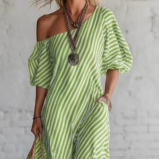 Damen Gestreiftes Off-Shoulder Maxikleid Kurzarm Lässig Party Cocktailkleid Sommer Strandurlaub Fließendes Kleid