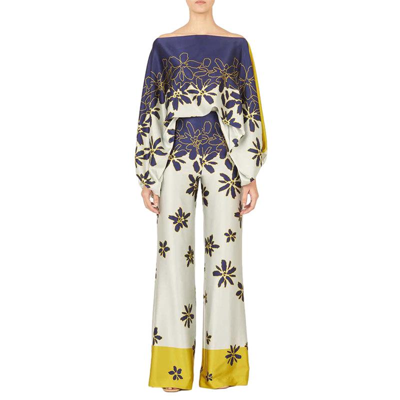 European And American Style Ladies Summer Suit Casual Satin Printed Loose One-neck Blouse And Trousers Two-piece Suit