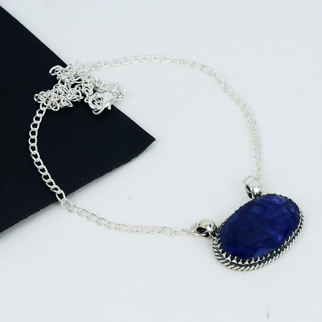 Blue Sapphire Gemstone Handmade 925 Sterling Silver Necklace Blue Sapphire Handmade Necklace For Women Necklace For Her