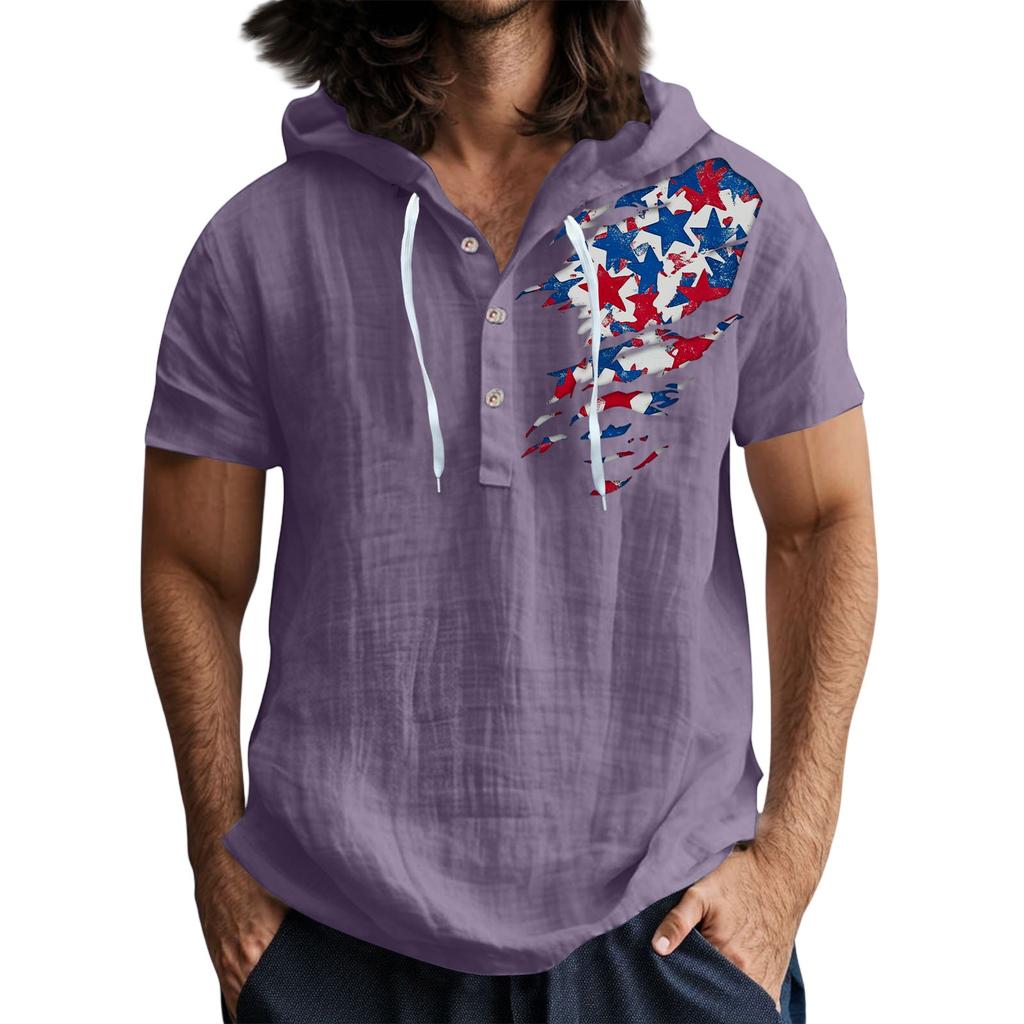 Men'S Casual Short Sleeved Hooded Top Buttoned Open Neck T-Shirt