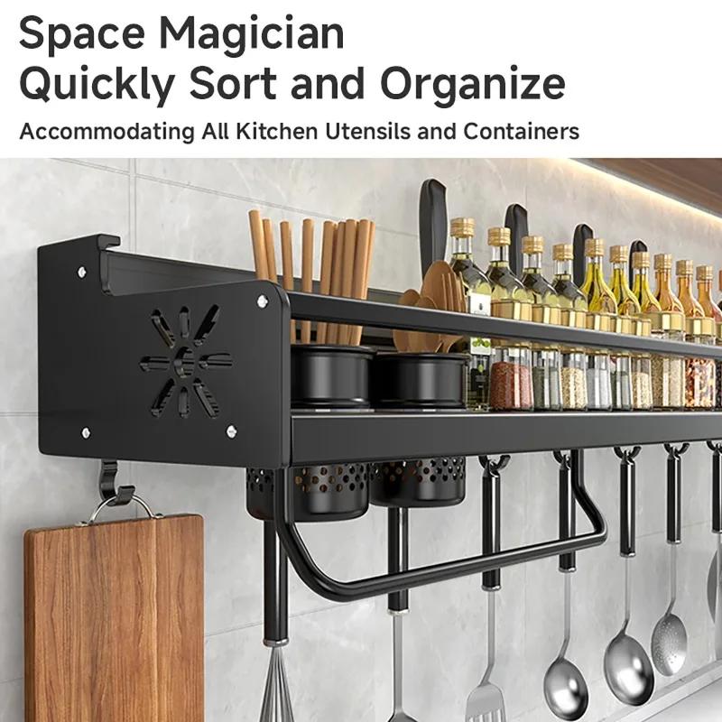 Black Wall Mounted No-Punch Large Capacity Storage Utensils Metal Kitchen Shelf Skeletonized Drainage Design Easy To Clean