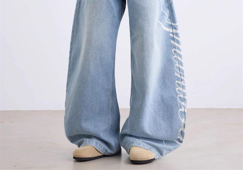 Men's Straight-Leg Print Jeans: Trendy Spring/Autumn High Street Long Pants