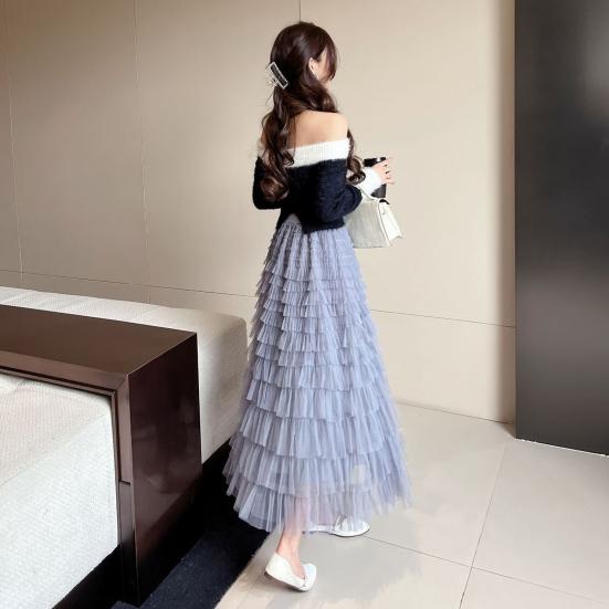 Saia Bolo Feminina Cintura Alta Elástica Linha A Barra com Babados Multicamadas Cor Sólida Saia Longa Trabalho Lazer Uso Diário