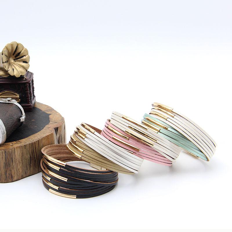 Multilayer PU Leather Women's Bracelet  Magnet Buckle Color Jewelry Accessories